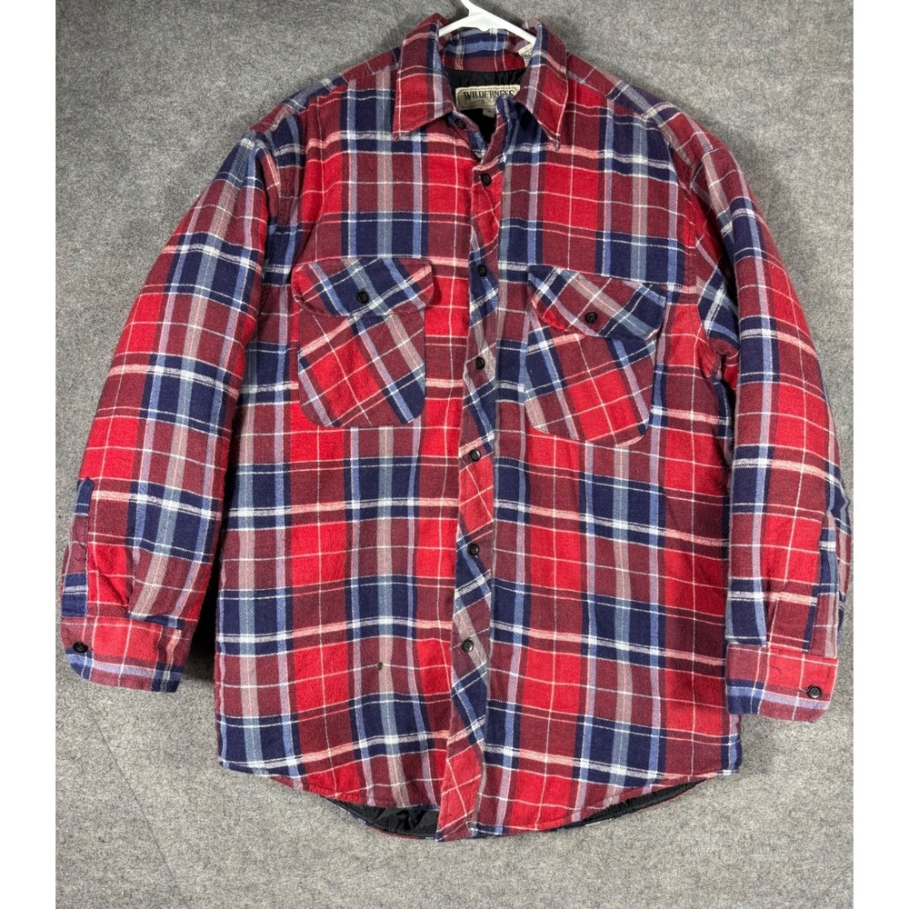Wilderness Mens Quilted Flannel Shirt Jacket Red Blue Plaid Size Medium‎ Shacket